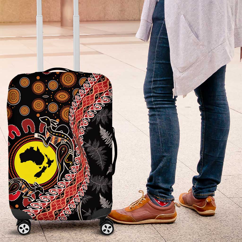 Aotearoa and Australia Luggage Cover Maori Koru Ferns With Aboriginal Kangaroo LT03 Black - Polynesian Pride