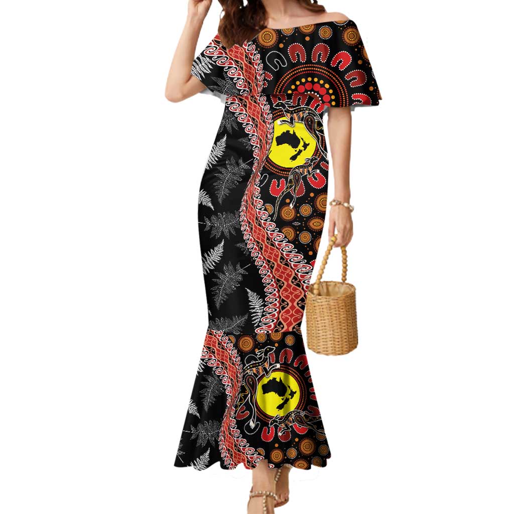 Aotearoa and Australia Mermaid Dress Maori Koru Ferns With Aboriginal Kangaroo LT03 Women Black - Polynesian Pride