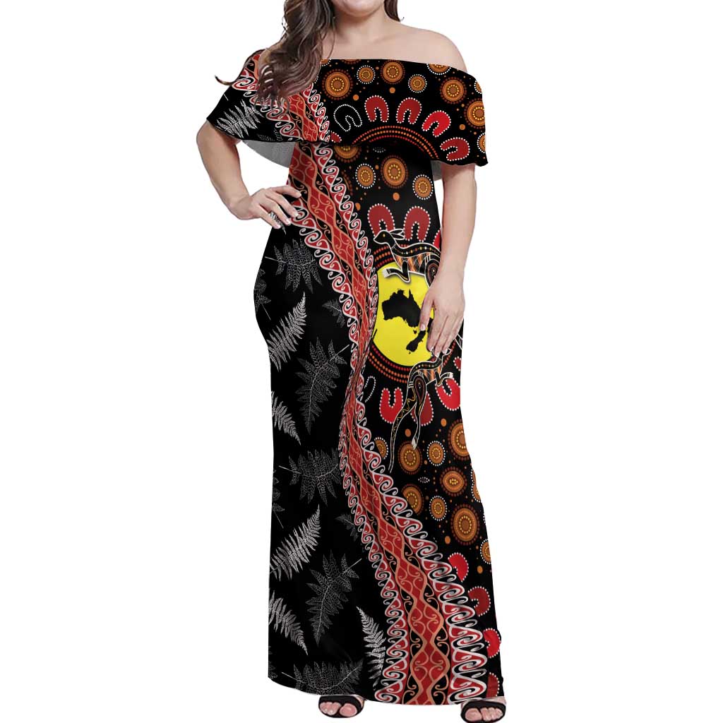 Aotearoa and Australia Off Shoulder Maxi Dress Maori Koru Ferns With Aboriginal Kangaroo LT03 Women Black - Polynesian Pride