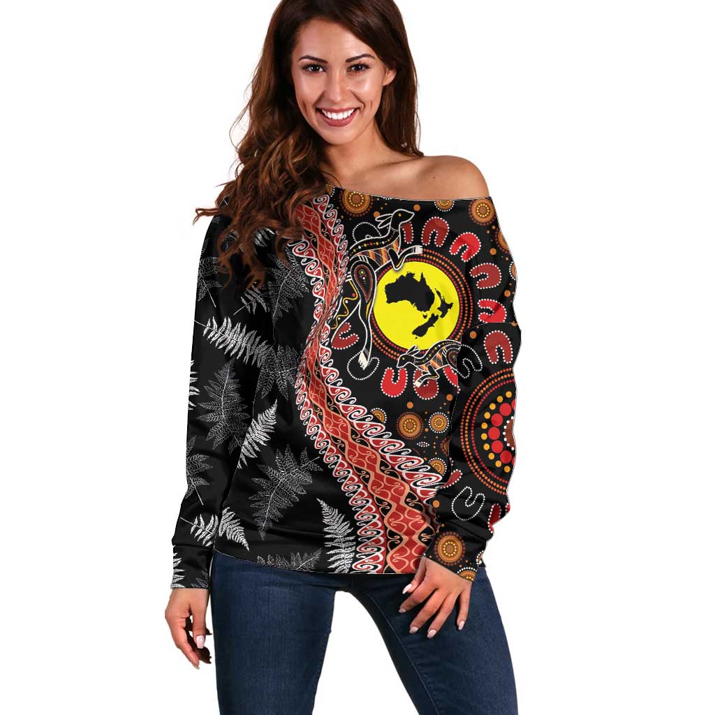 Aotearoa and Australia Off Shoulder Sweater Maori Koru Ferns With Aboriginal Kangaroo