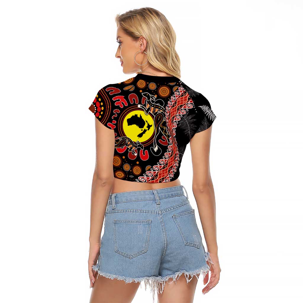 Aotearoa and Australia Raglan Cropped T Shirt Maori Koru Ferns With Aboriginal Kangaroo