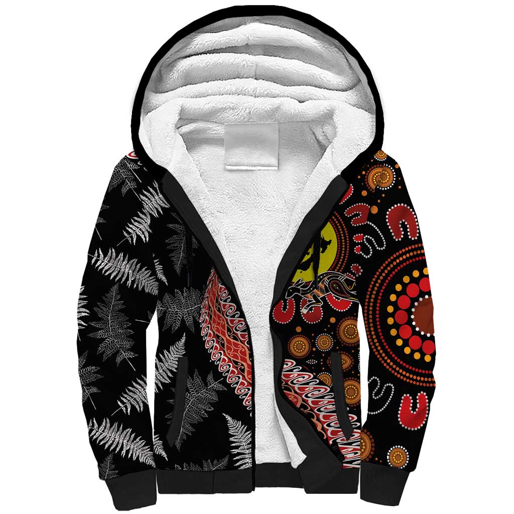 Aotearoa and Australia Sherpa Hoodie Maori Koru Ferns With Aboriginal Kangaroo