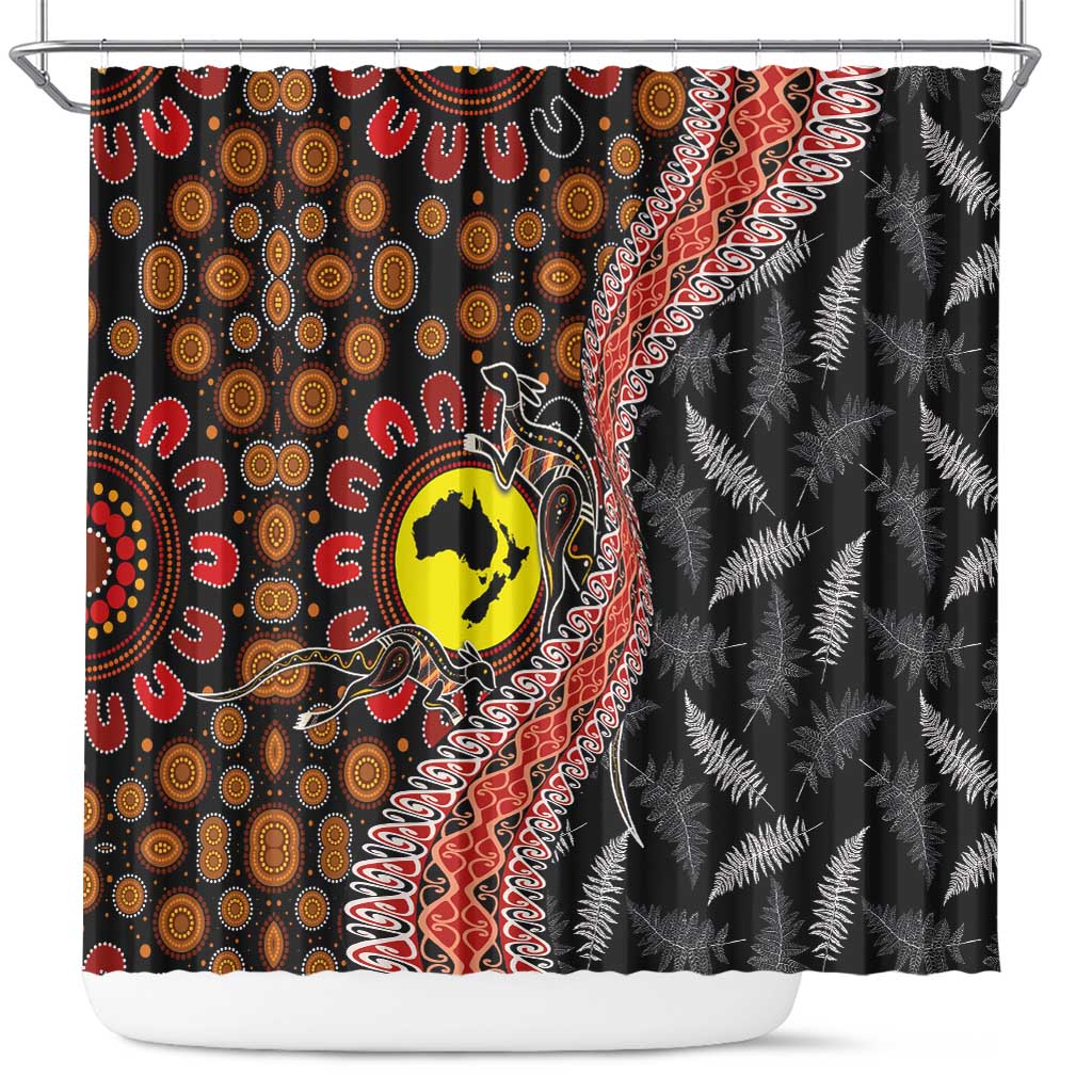 Aotearoa and Australia Shower Curtain Maori Koru Ferns With Aboriginal Kangaroo