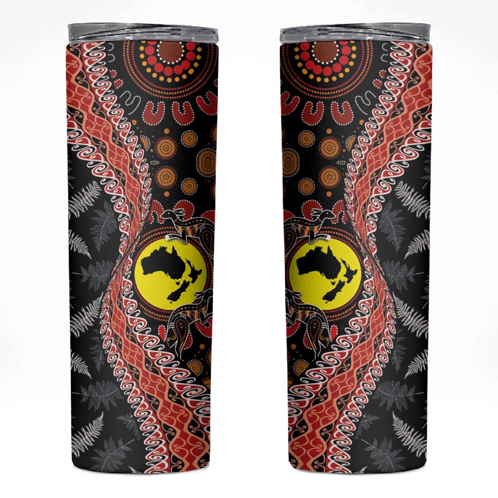 Aotearoa and Australia Skinny Tumbler Maori Koru Ferns With Aboriginal Kangaroo LT03 Black - Polynesian Pride