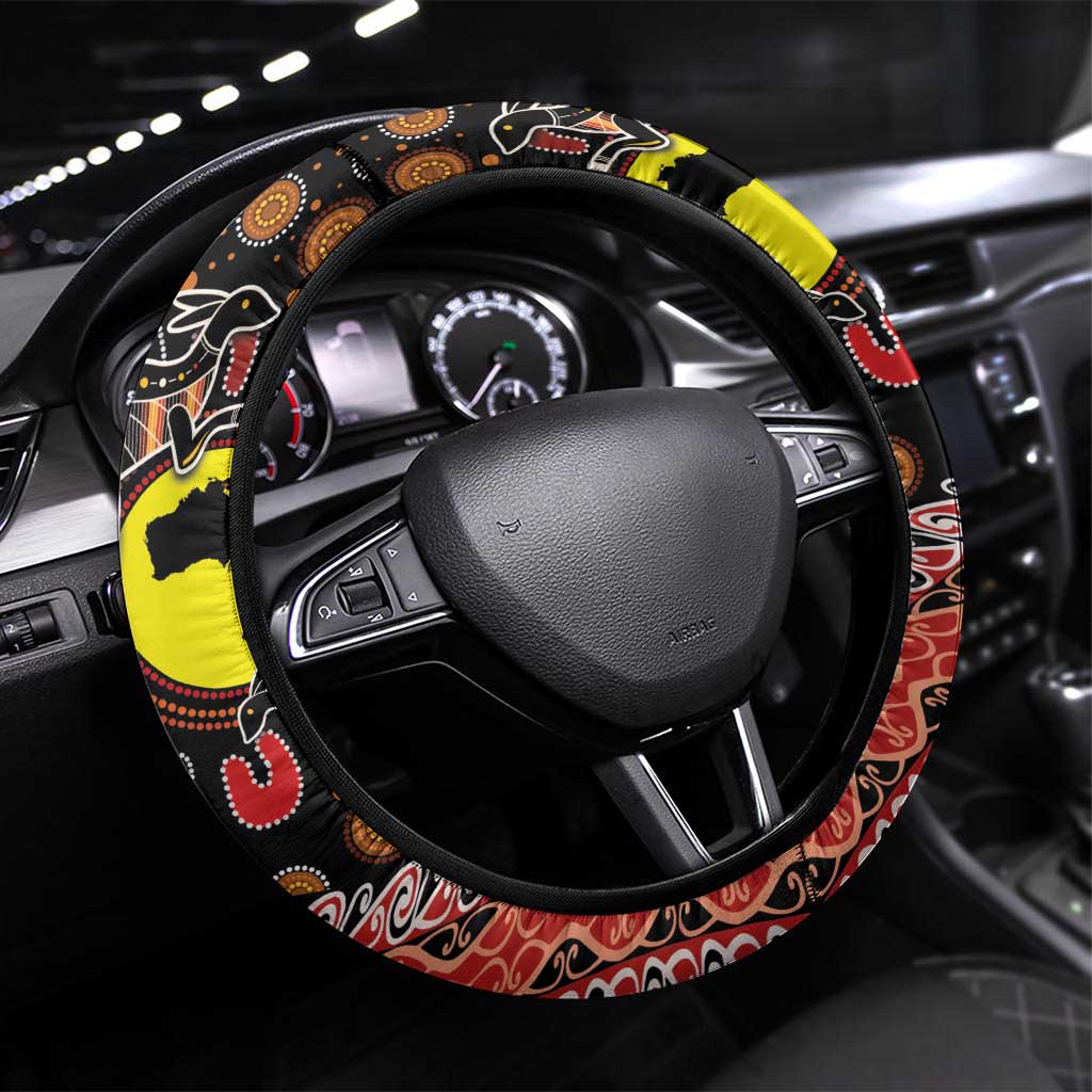 Aotearoa and Australia Steering Wheel Cover Maori Koru Ferns With Aboriginal Kangaroo