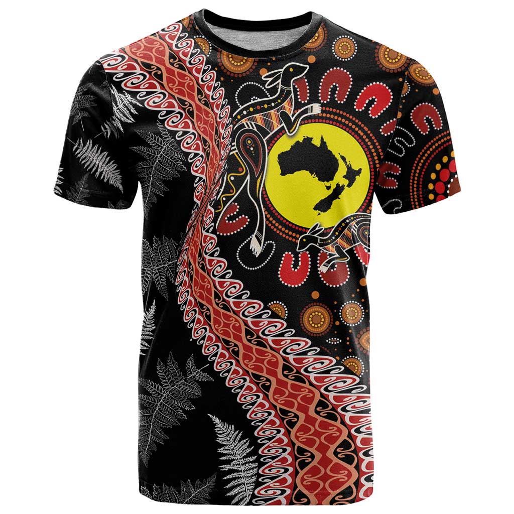 Aotearoa and Australia T Shirt Maori Koru Ferns With Aboriginal Kangaroo LT03 Black - Polynesian Pride