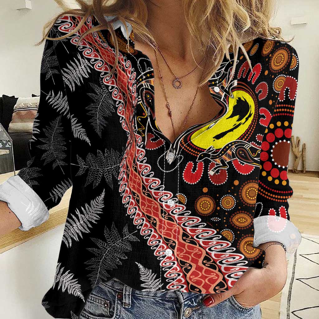 Aotearoa and Australia Women Casual Shirt Maori Koru Ferns With Aboriginal Kangaroo LT03 Female Black - Polynesian Pride
