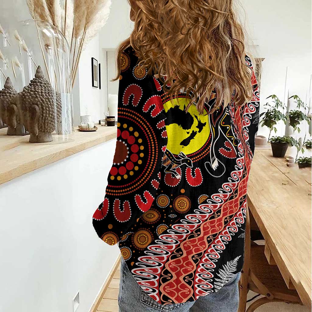 Aotearoa and Australia Women Casual Shirt Maori Koru Ferns With Aboriginal Kangaroo LT03 - Polynesian Pride