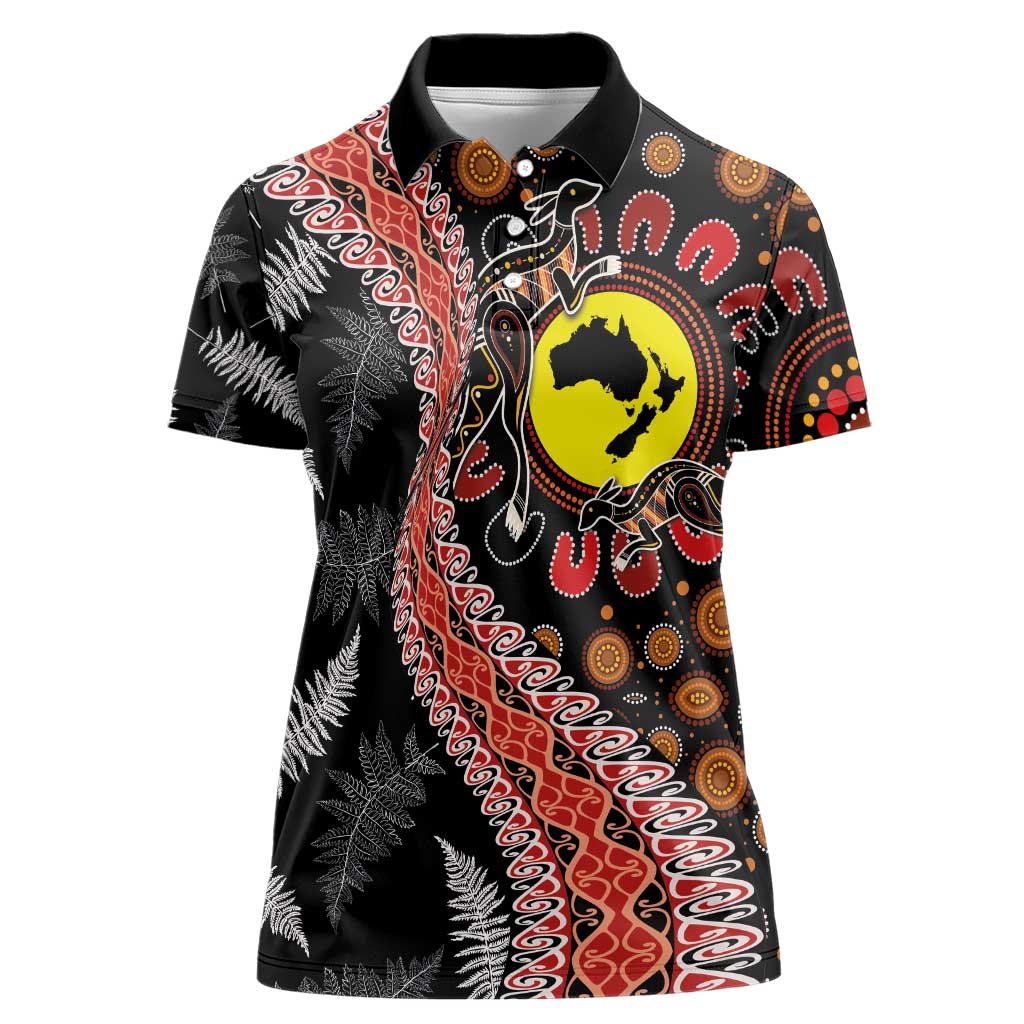 Aotearoa and Australia Women Polo Shirt Maori Koru Ferns With Aboriginal Kangaroo