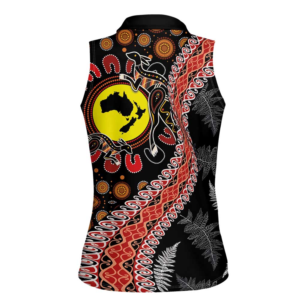 Aotearoa and Australia Women Sleeveless Polo Shirt Maori Koru Ferns With Aboriginal Kangaroo