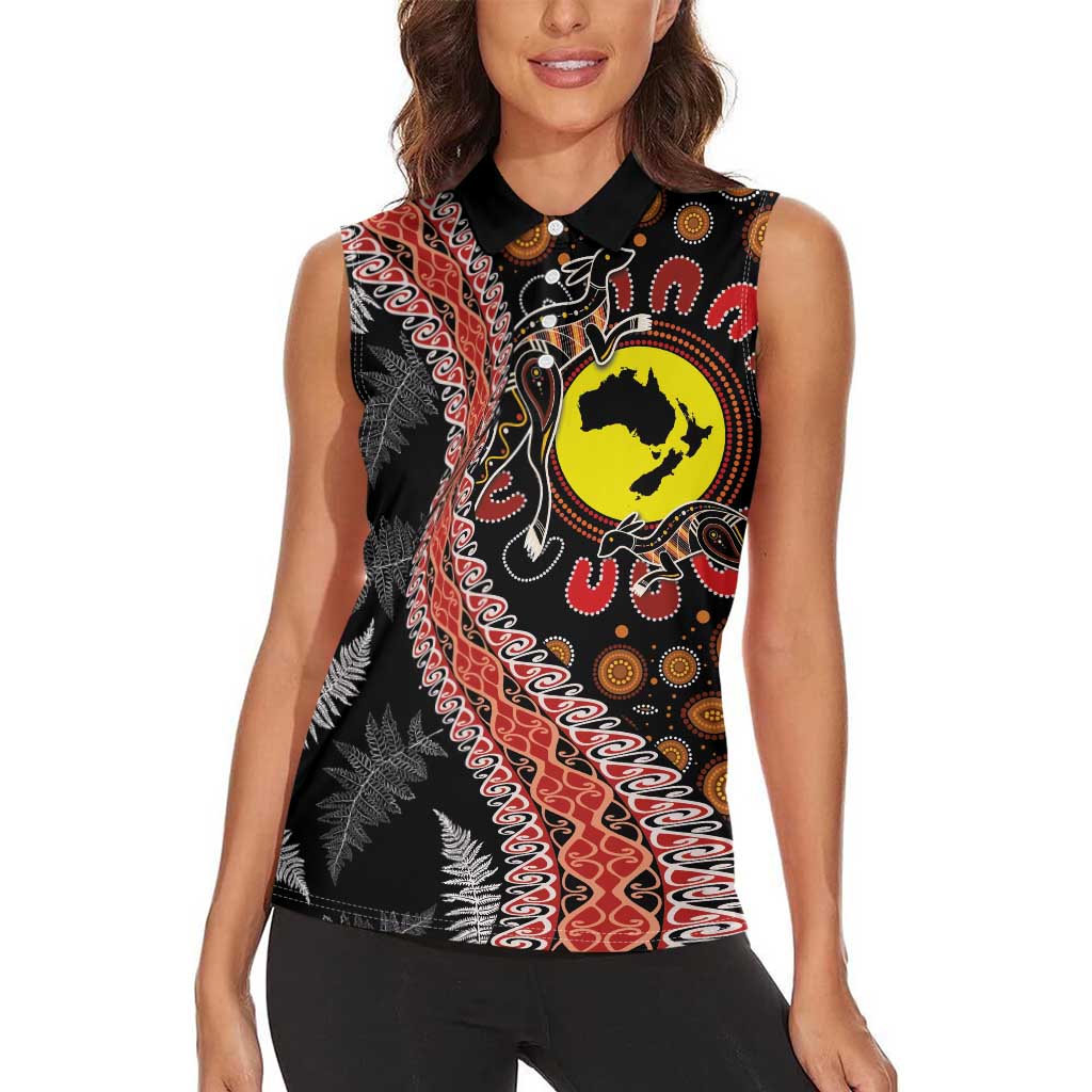 Aotearoa and Australia Women Sleeveless Polo Shirt Maori Koru Ferns With Aboriginal Kangaroo