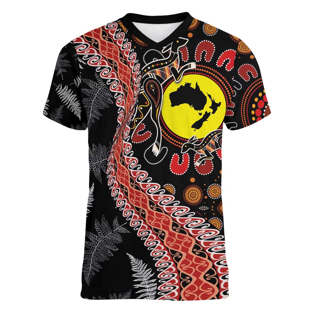 Aotearoa and Australia Women V-Neck T-Shirt Maori Koru Ferns With Aboriginal Kangaroo LT03 Female Black - Polynesian Pride
