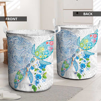 Hawaiian Couple Turtles Honi Laundry Basket Polynesian Art Motifs and Hibiscus White Blue Color - Polynesian Pride