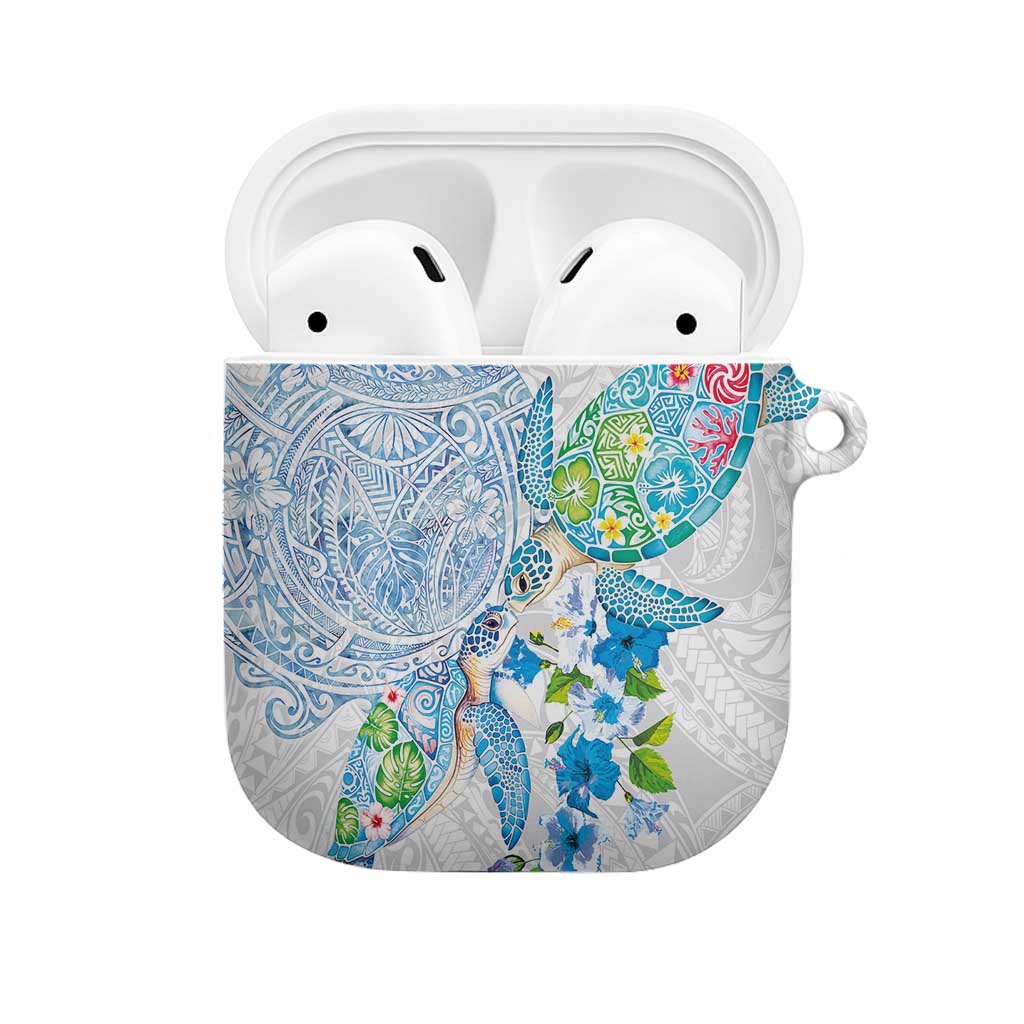 Hawaiian Couple Turtles Honi AirPods Case Polynesian Art Motifs and Hibiscus White Blue Color - Polynesian Pride