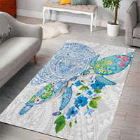 Hawaiian Couple Turtles Honi Area Rug Polynesian Art Motifs and Hibiscus White Blue Color - Polynesian Pride
