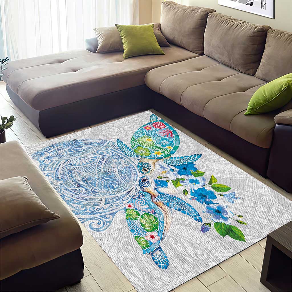 Hawaiian Couple Turtles Honi Area Rug Polynesian Art Motifs and Hibiscus White Blue Color - Polynesian Pride