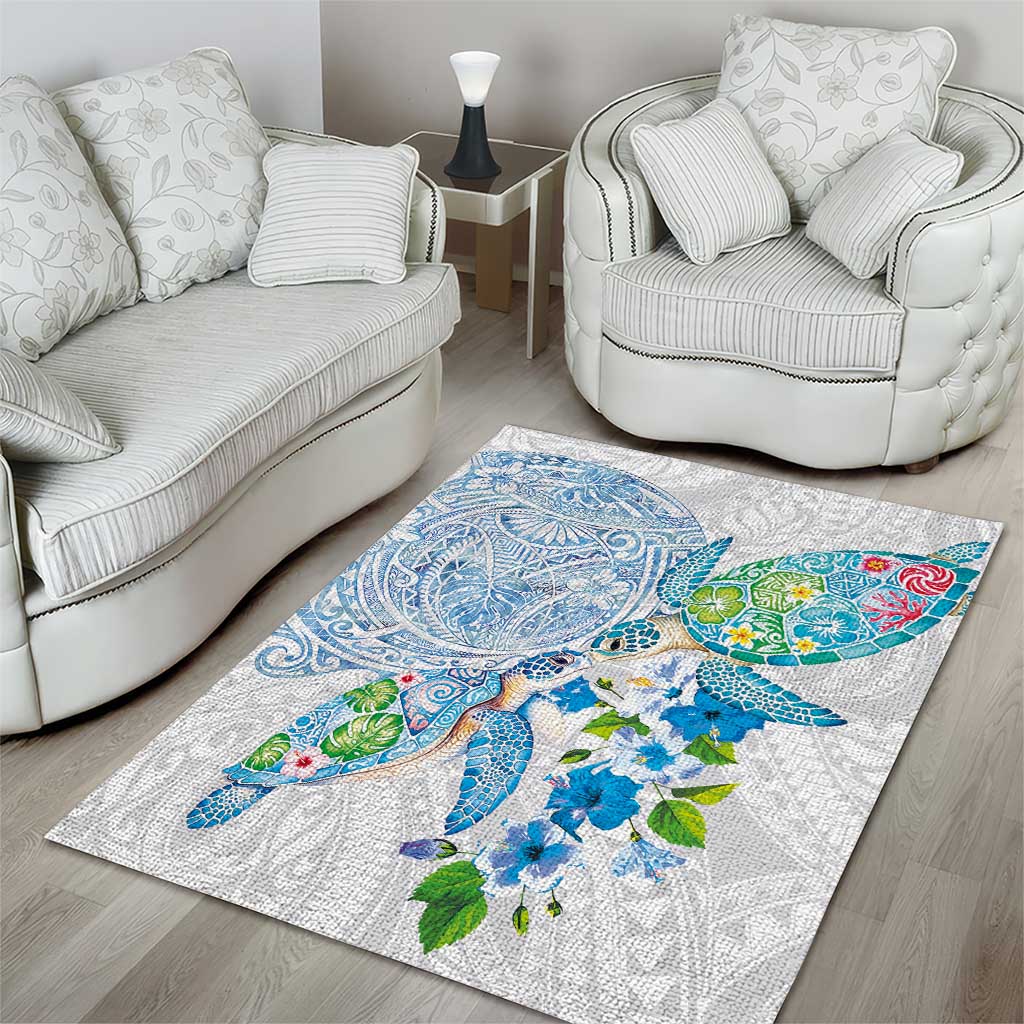 Hawaiian Couple Turtles Honi Area Rug Polynesian Art Motifs and Hibiscus White Blue Color - Polynesian Pride