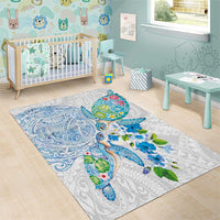 Hawaiian Couple Turtles Honi Area Rug Polynesian Art Motifs and Hibiscus White Blue Color - Polynesian Pride