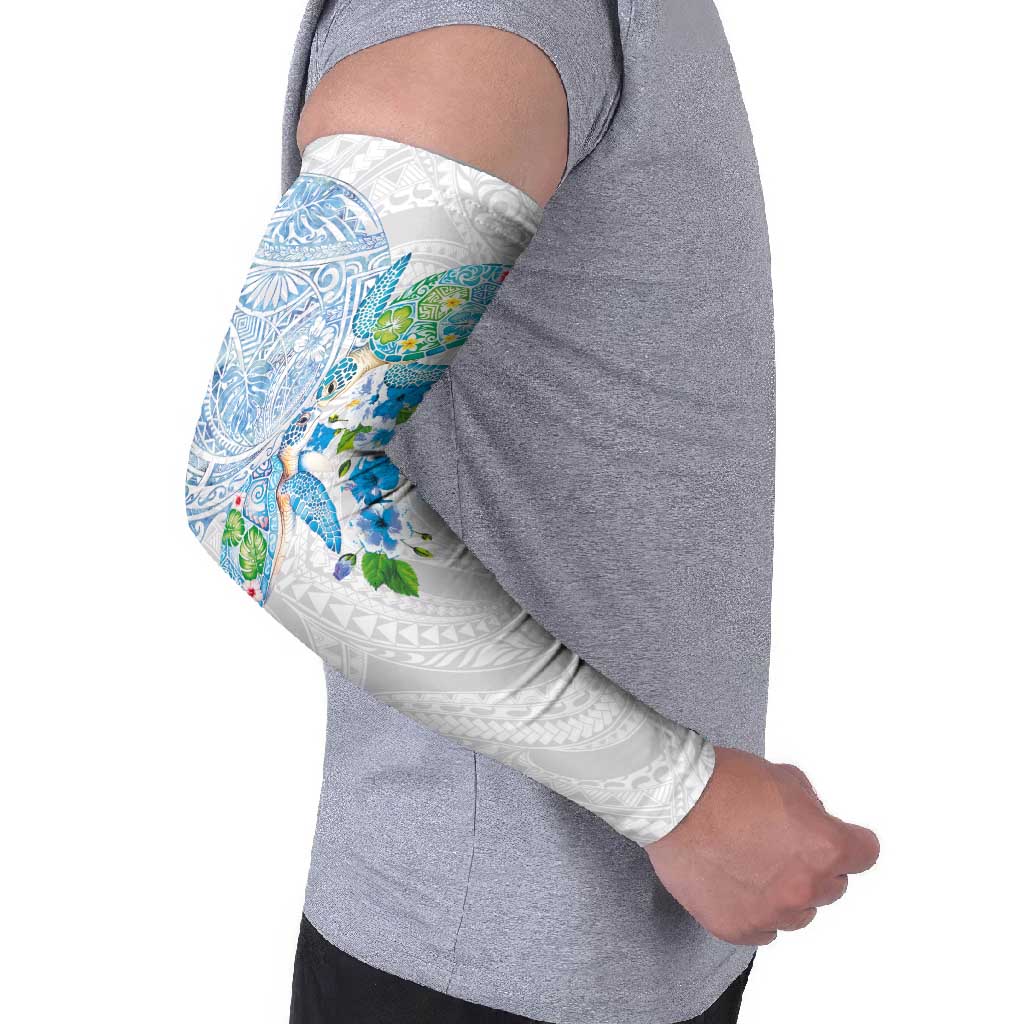 Hawaiian Couple Turtles Honi Arm Sleeves Polynesian Art Motifs and Hibiscus White Blue Color - Polynesian Pride