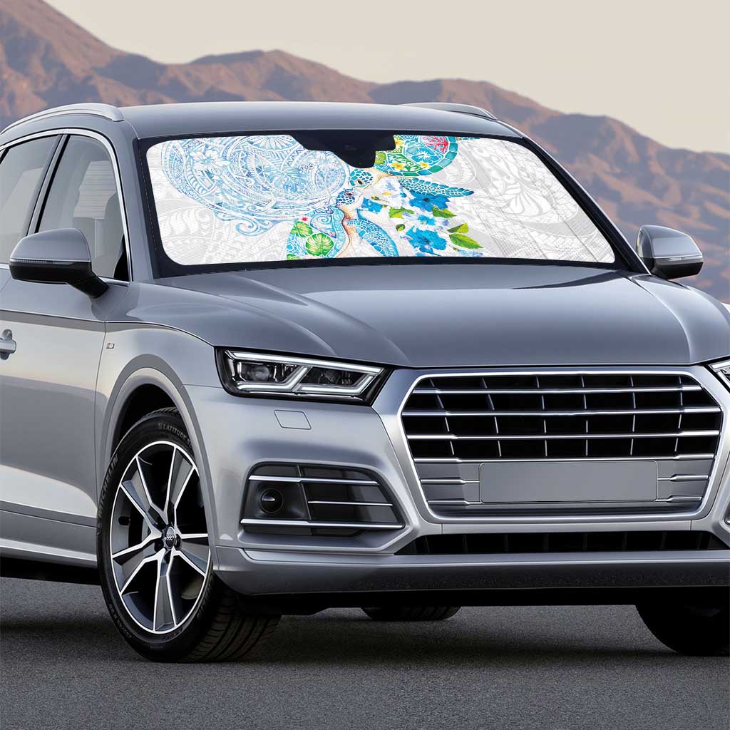 Hawaiian Couple Turtles Honi Auto Sun Shade Polynesian Art Motifs and Hibiscus White Blue Color - Polynesian Pride