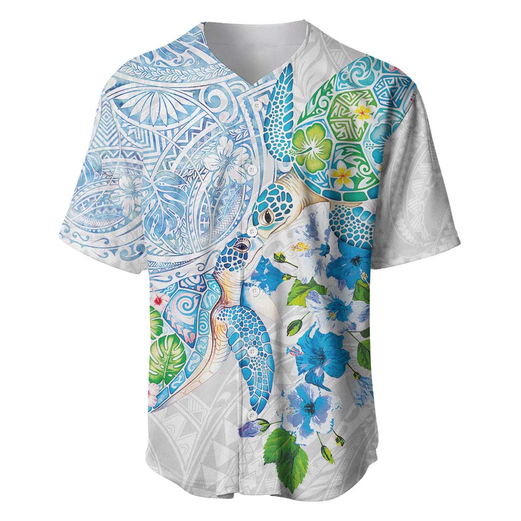 Hawaiian Couple Turtles Honi Baseball Jersey Polynesian Art Motifs and Hibiscus White Blue Color - Polynesian Pride