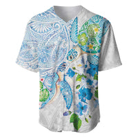 Hawaiian Couple Turtles Honi Baseball Jersey Polynesian Art Motifs and Hibiscus White Blue Color - Polynesian Pride