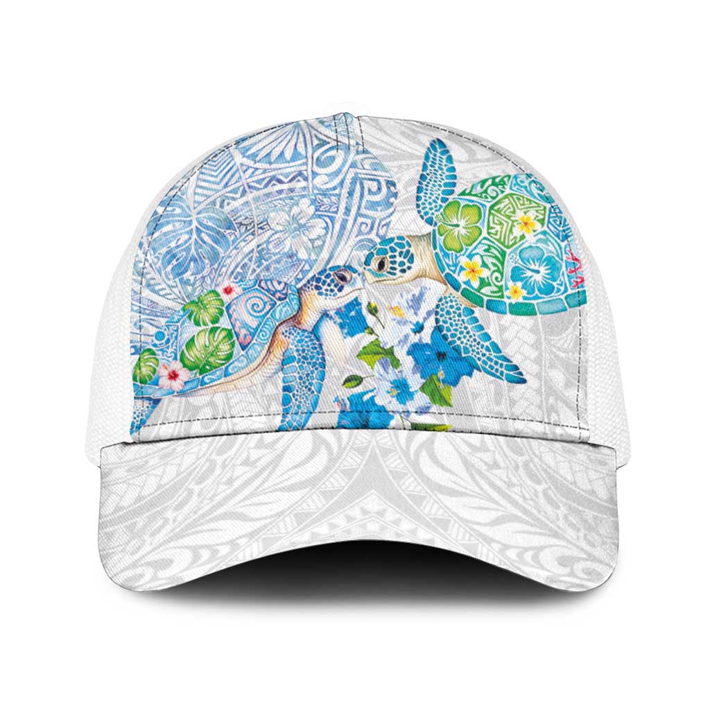 Hawaiian Couple Turtles Honi Baseball Net Cap Polynesian Art Motifs and Hibiscus White Blue Color - Polynesian Pride