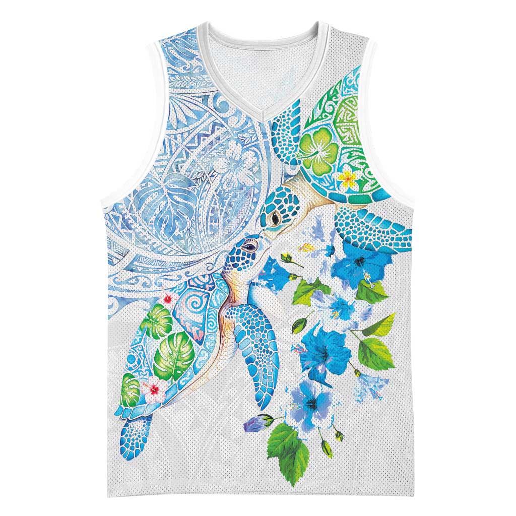 Hawaiian Couple Turtles Honi Basketball Jersey Polynesian Art Motifs and Hibiscus White Blue Color - Polynesian Pride