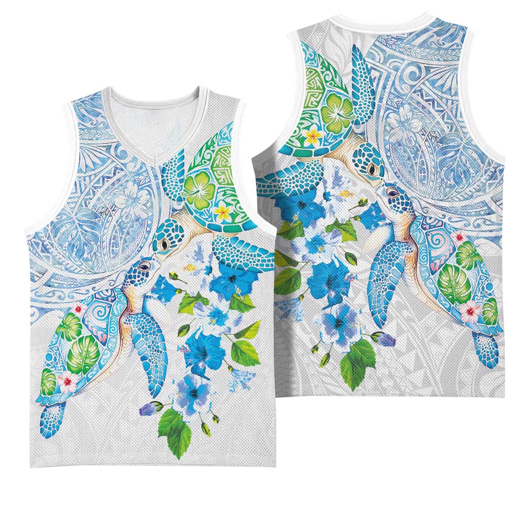Hawaiian Couple Turtles Honi Basketball Jersey Polynesian Art Motifs and Hibiscus White Blue Color - Polynesian Pride