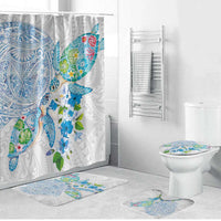 Hawaiian Couple Turtles Honi Bathroom Set Polynesian Art Motifs and Hibiscus White Blue Color - Polynesian Pride