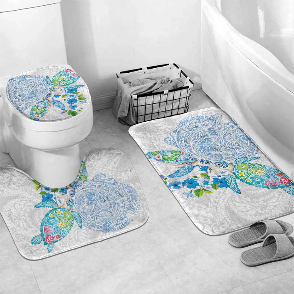 Hawaiian Couple Turtles Honi Bathroom Set Polynesian Art Motifs and Hibiscus White Blue Color - Polynesian Pride