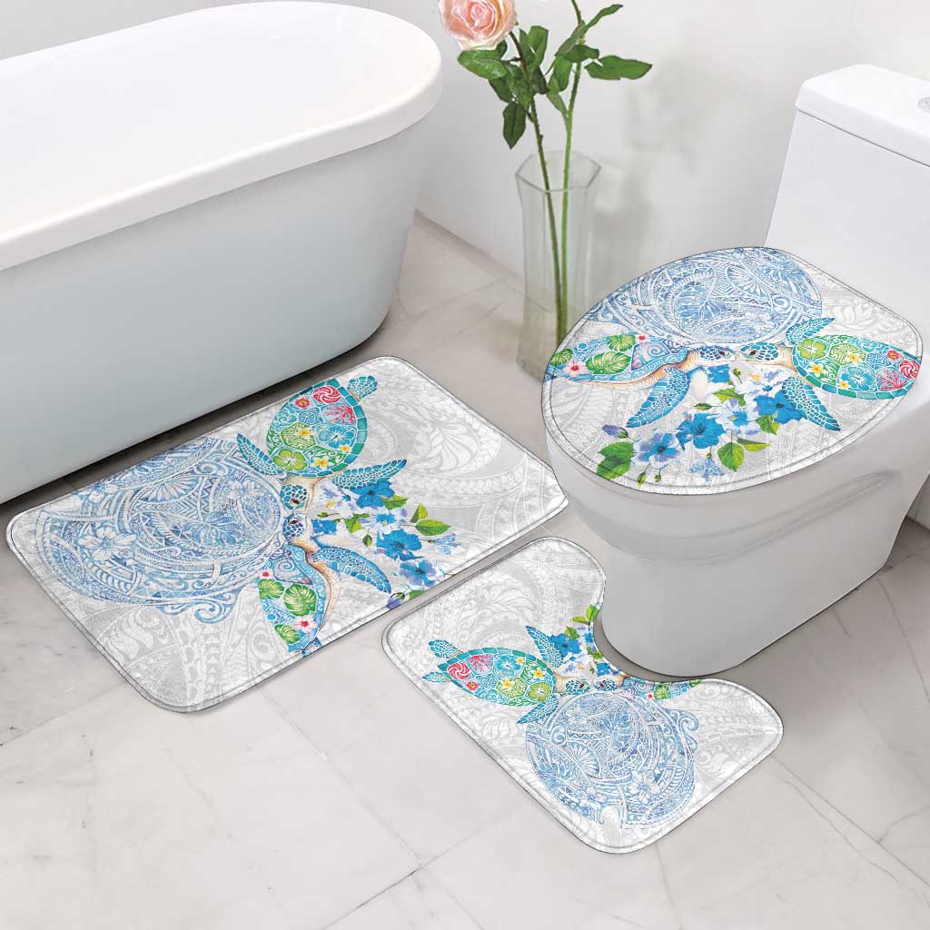 Hawaiian Couple Turtles Honi Bathroom Set Polynesian Art Motifs and Hibiscus White Blue Color - Polynesian Pride