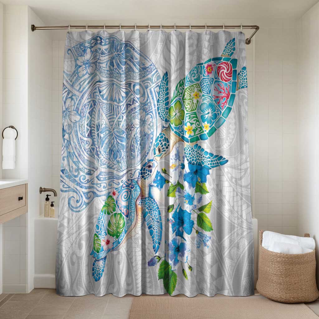 Hawaiian Couple Turtles Honi Bathroom Set Polynesian Art Motifs and Hibiscus White Blue Color - Polynesian Pride