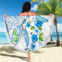 Hawaiian Couple Turtles Honi Beach Blanket Polynesian Art Motifs and Hibiscus White Blue Color - Polynesian Pride