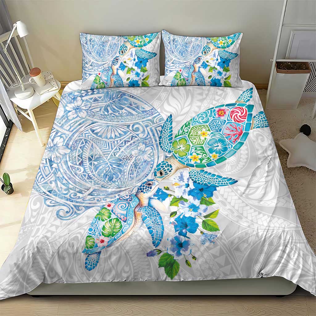 Hawaiian Couple Turtles Honi Bedding Set Polynesian Art Motifs and Hibiscus White Blue Color - Polynesian Pride