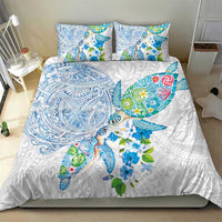Hawaiian Couple Turtles Honi Bedding Set Polynesian Art Motifs and Hibiscus White Blue Color - Polynesian Pride
