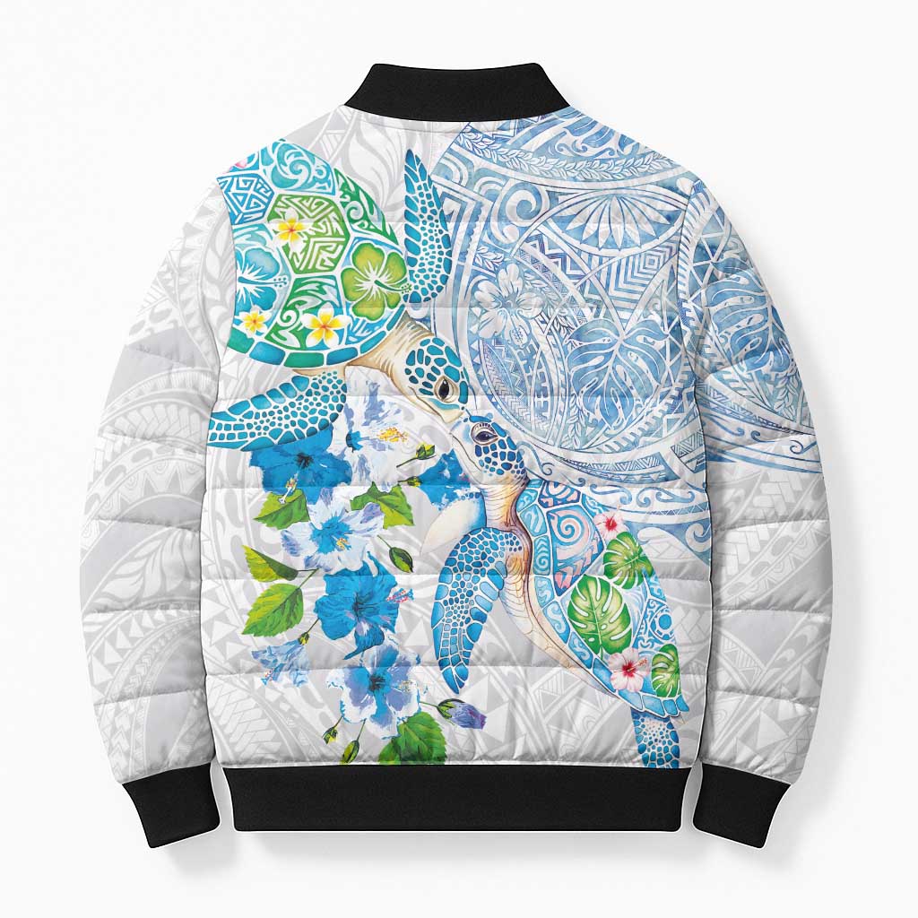 Hawaiian Couple Turtles Honi Bomber Puffer Jacket Polynesian Art Motifs and Hibiscus White Blue Color - Polynesian Pride