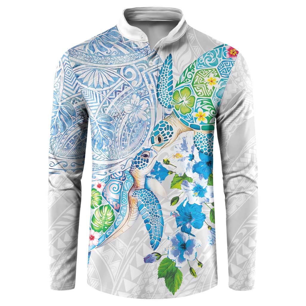 Hawaiian Couple Turtles Honi Button Sweatshirt Polynesian Art Motifs and Hibiscus White Blue Color - Polynesian Pride