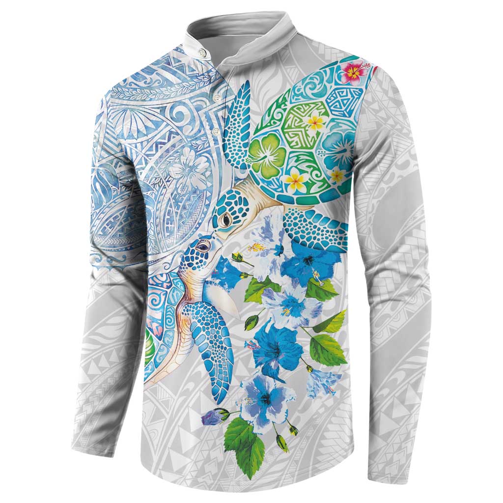 Hawaiian Couple Turtles Honi Button Sweatshirt Polynesian Art Motifs and Hibiscus White Blue Color - Polynesian Pride