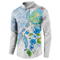 Hawaiian Couple Turtles Honi Button Sweatshirt Polynesian Art Motifs and Hibiscus White Blue Color - Polynesian Pride