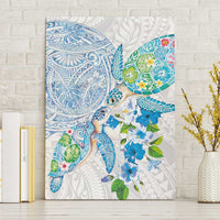 Hawaiian Couple Turtles Honi Canvas Wall Art Polynesian Art Motifs and Hibiscus White Blue Color - Polynesian Pride