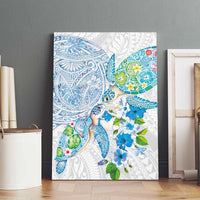 Hawaiian Couple Turtles Honi Canvas Wall Art Polynesian Art Motifs and Hibiscus White Blue Color - Polynesian Pride