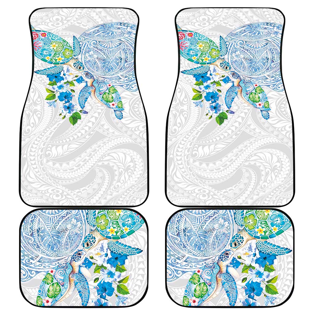 Hawaiian Couple Turtles Honi Car Mats Polynesian Art Motifs and Hibiscus White Blue Color - Polynesian Pride