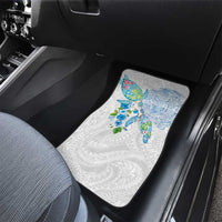 Hawaiian Couple Turtles Honi Car Mats Polynesian Art Motifs and Hibiscus White Blue Color - Polynesian Pride