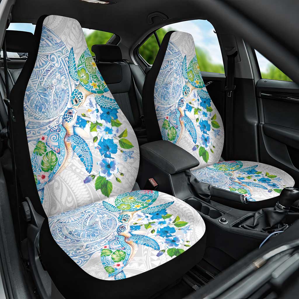 Hawaiian Couple Turtles Honi Car Seat Cover Polynesian Art Motifs and Hibiscus White Blue Color - Polynesian Pride