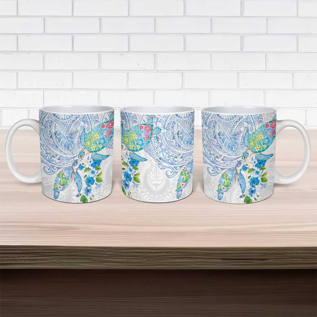 Hawaiian Couple Turtles Honi Ceramic Mug Polynesian Art Motifs and Hibiscus White Blue Color - Polynesian Pride