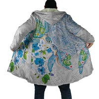 Hawaiian Couple Turtles Honi Cloak Polynesian Art Motifs and Hibiscus White Blue Color - Polynesian Pride