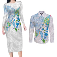 Hawaiian Couple Turtles Honi Couples Matching Long Sleeve Bodycon Dress and Long Sleeve Button Shirt Polynesian Art Motifs and Hibiscus White Blue Color - Polynesian Pride