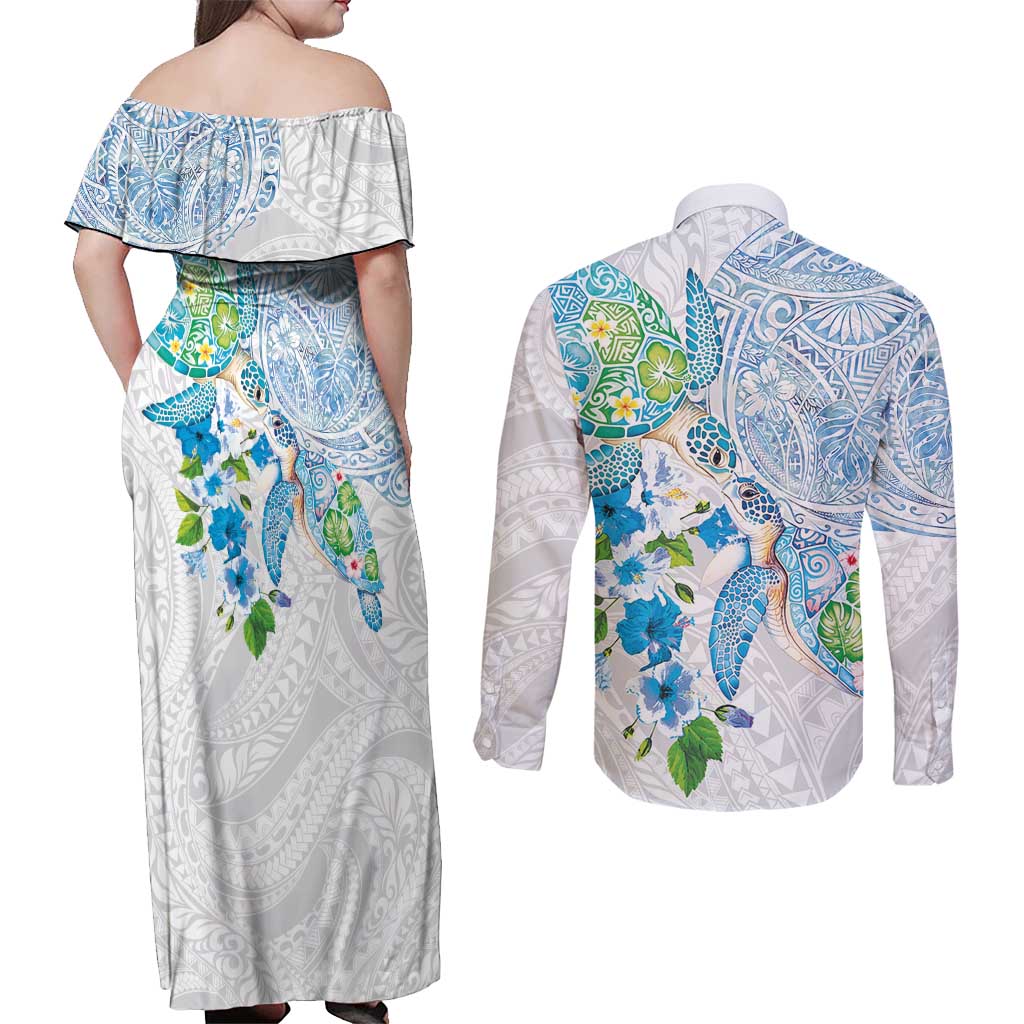 Hawaiian Couple Turtles Honi Couples Matching Off Shoulder Maxi Dress and Long Sleeve Button Shirt Polynesian Art Motifs and Hibiscus White Blue Color - Polynesian Pride