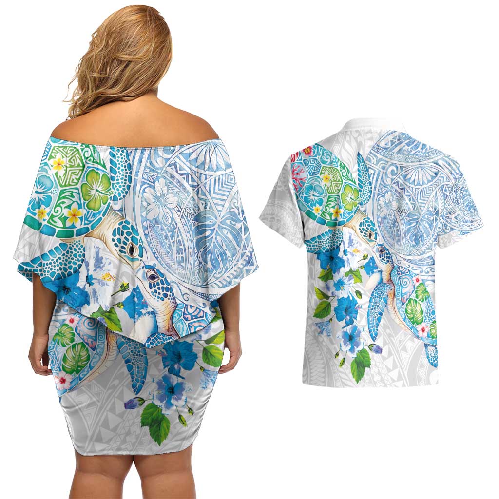 Hawaiian Couple Turtles Honi Couples Matching Off Shoulder Short Dress and Hawaiian Shirt Polynesian Art Motifs and Hibiscus White Blue Color - Polynesian Pride